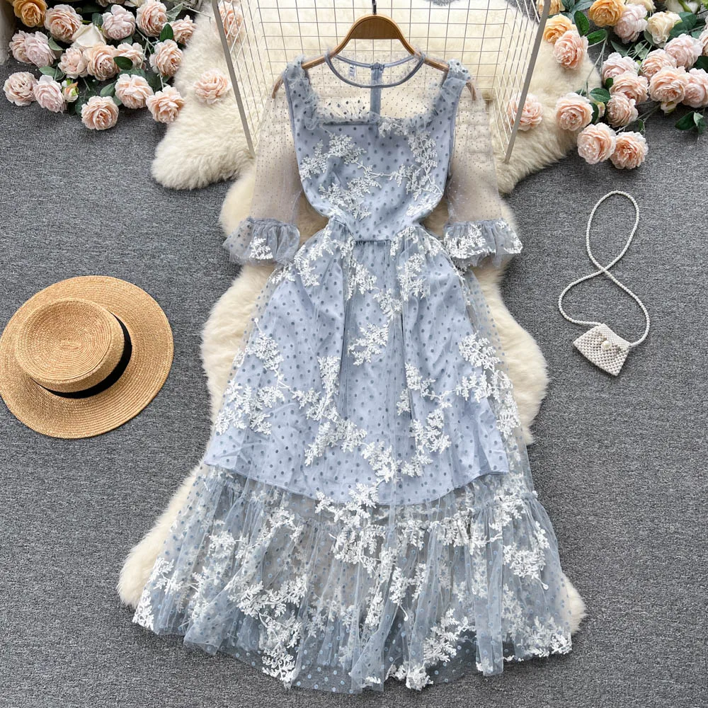 New Fashion Gauze Embroidery Stitching A-line Dress Women Round Neck Short Sleeve Summer Holiday Beach Slim Vestidos K607