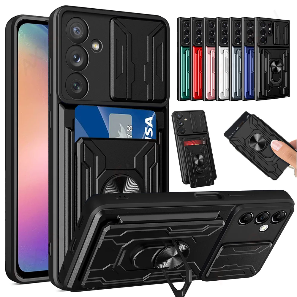 

Case For Samsung A34 A54 A24 A53 A14 A13 4G 5G Galaxy S23 S22 S21 Ultra Plus S20 FE Slide Camera Card Holder 360° Ring Cover