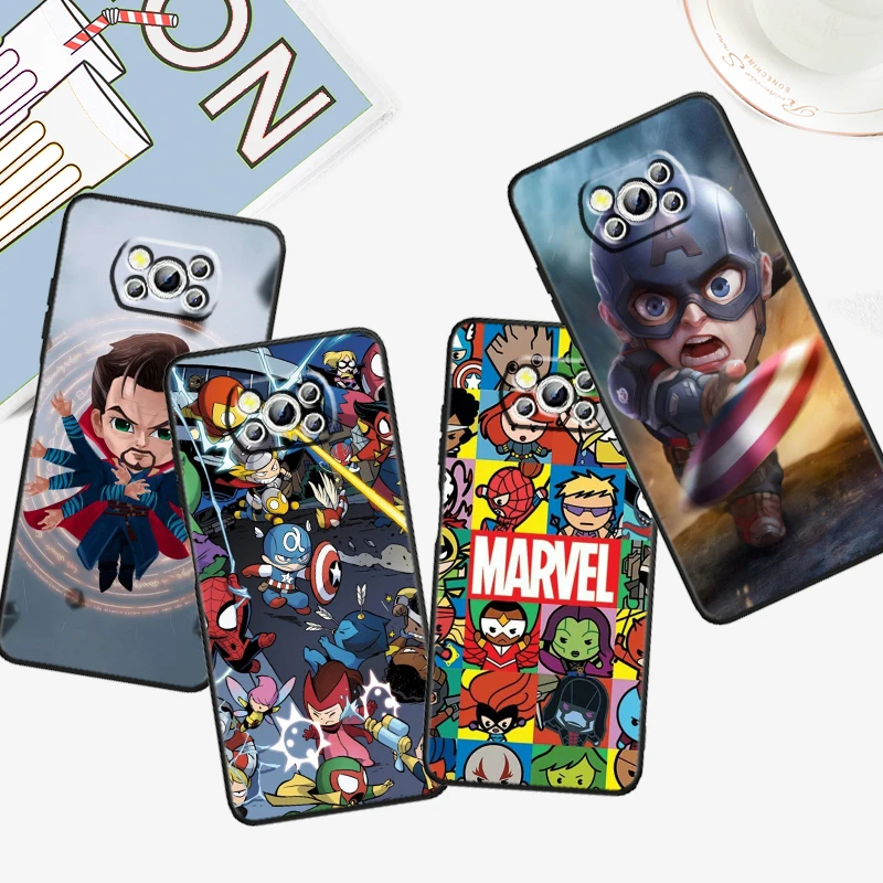 

Marvel Cartoon Heros For Xiaomi Mi Poco F5 F4 F3 F2 X5 X4 X3 M6 M5 M5S M4 M3 C40 Pro GT NFC 5G Black Back Phone Case