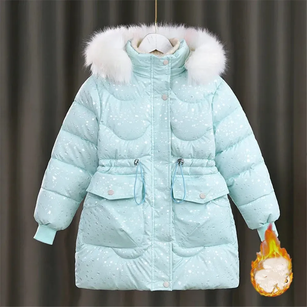 

Зимняя куртка для девочек, новинка 2022, флисовая утепленная парка с большим меховым воротником и капюшоном, детская одежда для девочек
