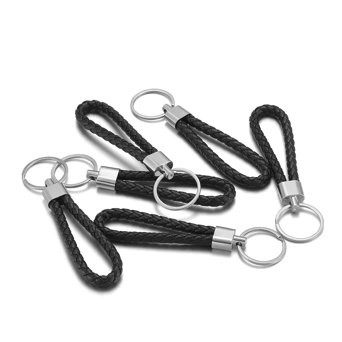 

10Pcs Pu Leather Braided Woven Rope Keychains Double Rings Fit DIY Bag Pendant Holder Car Keyring Men Women Key Ring
