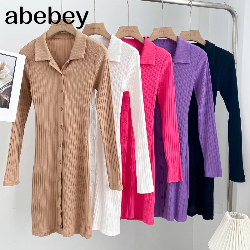 

Fashion turn down collar long sleeve Dress single breasted high waist solid color short bottoming Dress 2022 New Spring Autumn