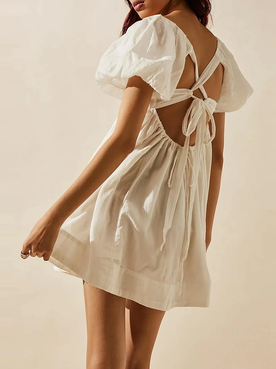 Женское летнее короткое платье-комбинация однотонное платье мини с пышными