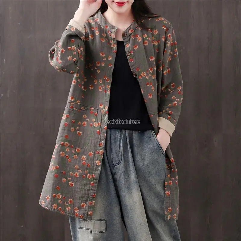 

2023 spring autumn cotton linen flower printed female long-sleeved mid-length loose casual chinese style top women blouse s43