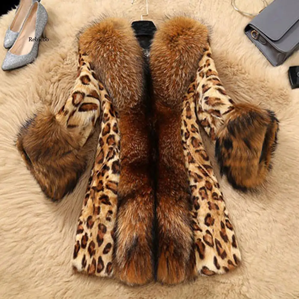 

Winter Faux Fur Womens Leopard print coat Raccoon Dog Fur Warm Women luxury coats Women loose long sleeve Elegant coat