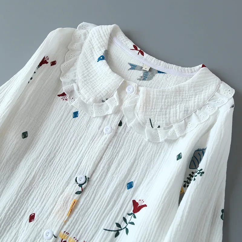 Japanese new ladies spring and summer cotton crepe pajamas two-piece long-sleeved trousers cute plant printing home service set