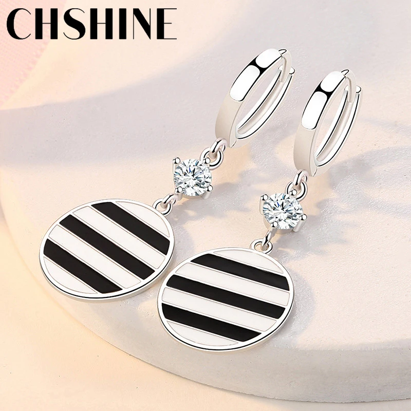 

CHSHINE 925 Sterling Silver Black White Round Earrings For Women Wedding Banquet Party Gift Fashion Jewelry
