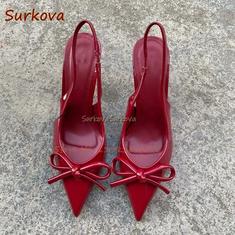 Бордовые туфли-лодочки из лакированной кожи с бантом на высоком каблуке острым