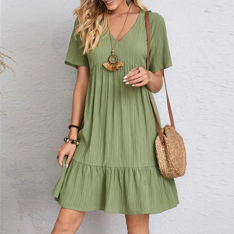 

Women Clothes Summer Ruffled V Neck Short Sleeve High Waist Dresses Vacation Trendy Simple Solid Loose Beach Midi Dress Vestidos