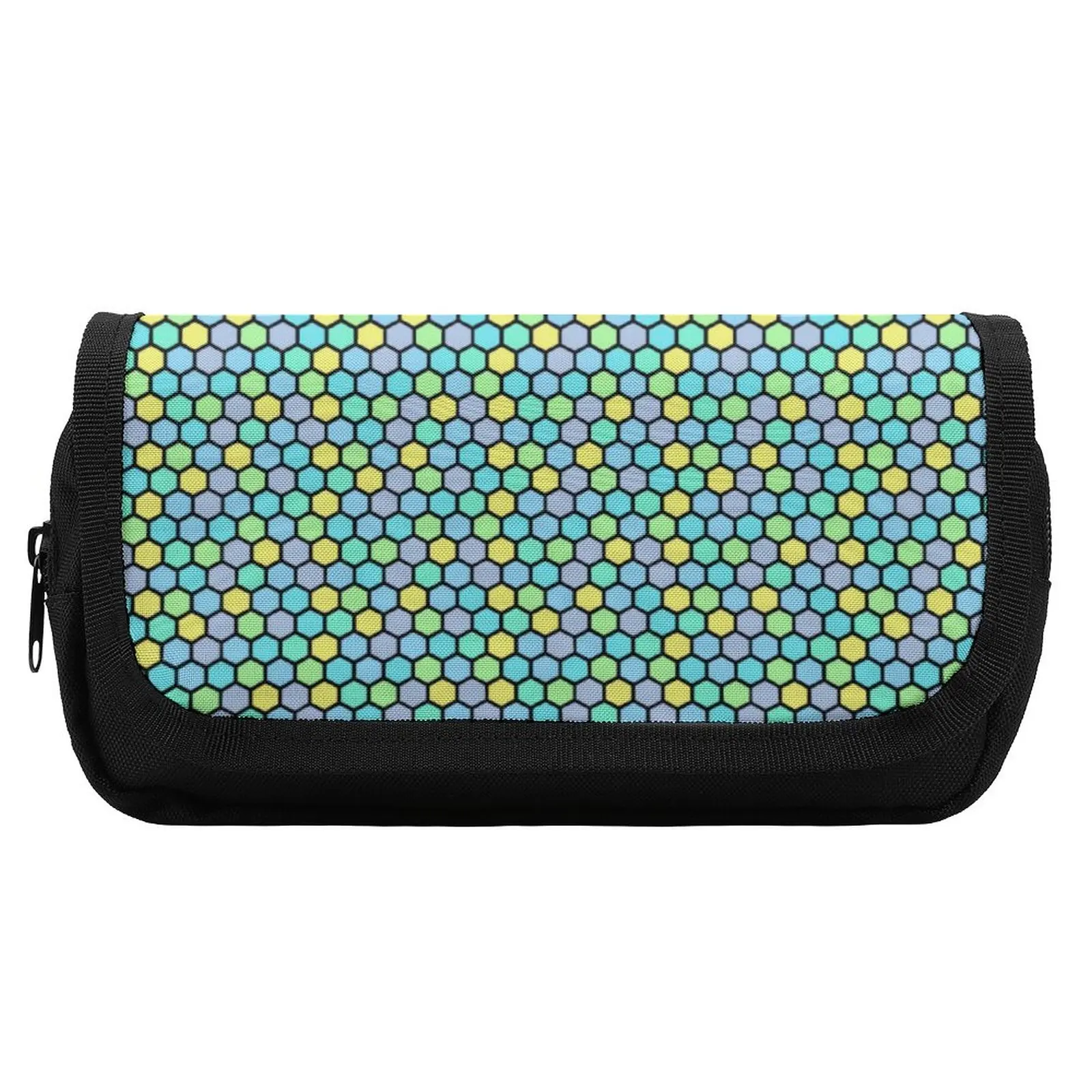 Abstract Geometry Pencil Case Colorful Beehive Hook and Loop Vintage Double Pockets Pencil Box University Pen Organizer