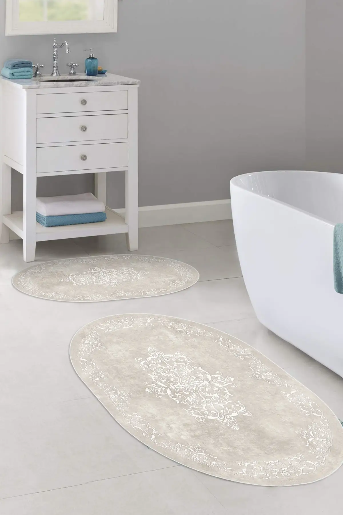 

60x90 - 50x60 классический кремовый цифровой Коврик для ванной, 2 овальных набора, полиэстер, бежевый, нескользящий, текстиль с принтом, для дома и