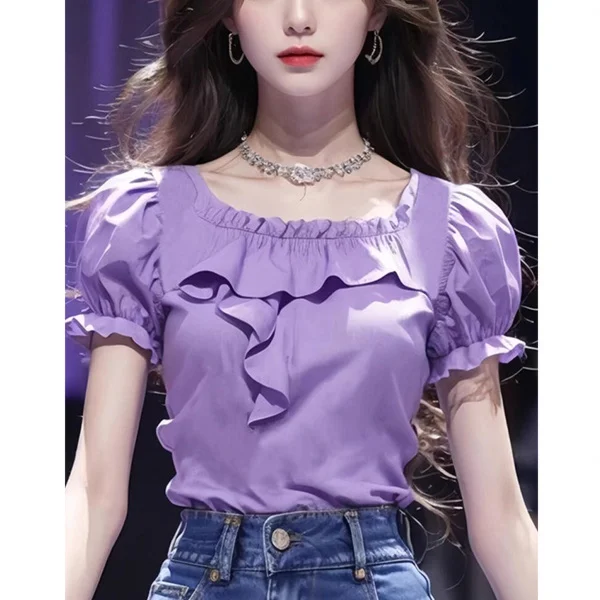 Новинка лета 2024 фиолетовые рубашки с оборками и коротким рукавом допаминовая