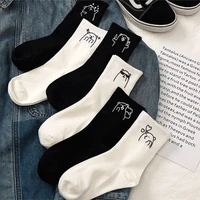 harajuku kawaii womens socks ins trend simple japanese cartoon bear solid color cotton socks black white korean cute socks
