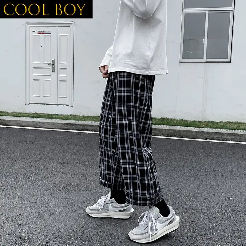 

E BOY Casual Pants Men Straight Streetwear Korean Style Plaid Ankle-length Elastic Waist Students Trousers All-match Retro