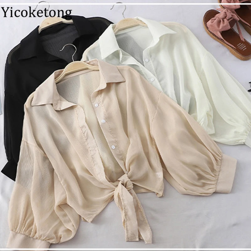 Кардиган с завязкой на талии Однотонные блузки женские шифоновые рубашки