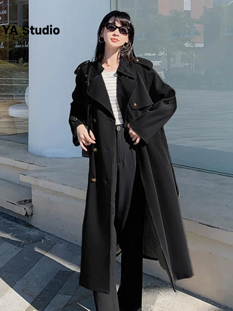 

[YA Studio] Trench Coat Women's New Laple Belt Waist Double Breasted Long Length Loose Windbreaker Female Fashion Clothing