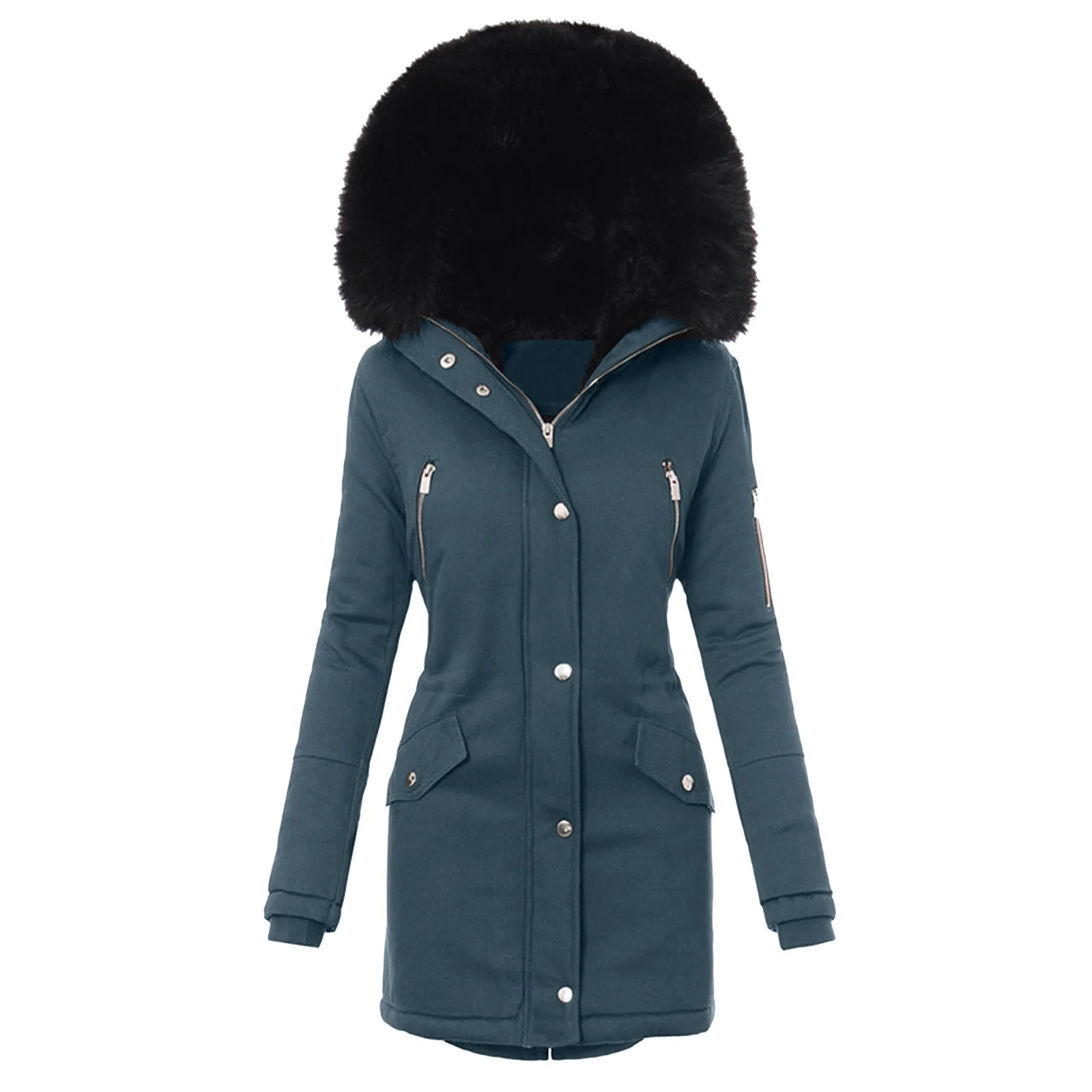 New winter hooded women's Thickened warm Medium length wool collar casual coat Women