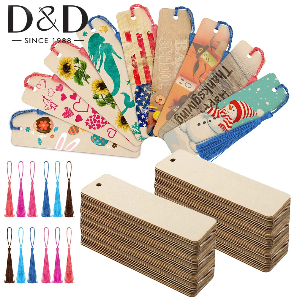 

36Pcs Blank Bookmarks Bulk Wood Blank Bookmark With 6 Colors Tassels Rectangle Hanging Tag with Holes DIY Handmade Wooden Craft