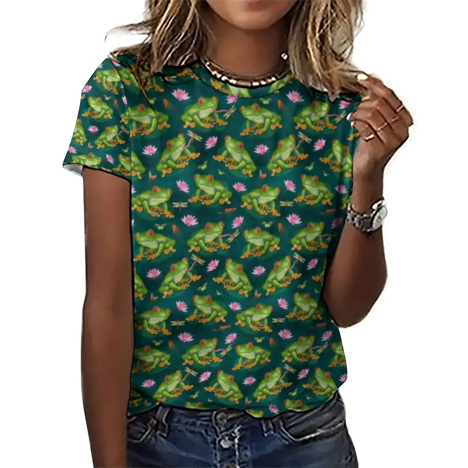 

Tropical Frog Print T-Shirts Lily And Fish Pond Casual Oversize T-Shirt Short Sleeves Female Retro Tee Shirt Summer Pattern Tees