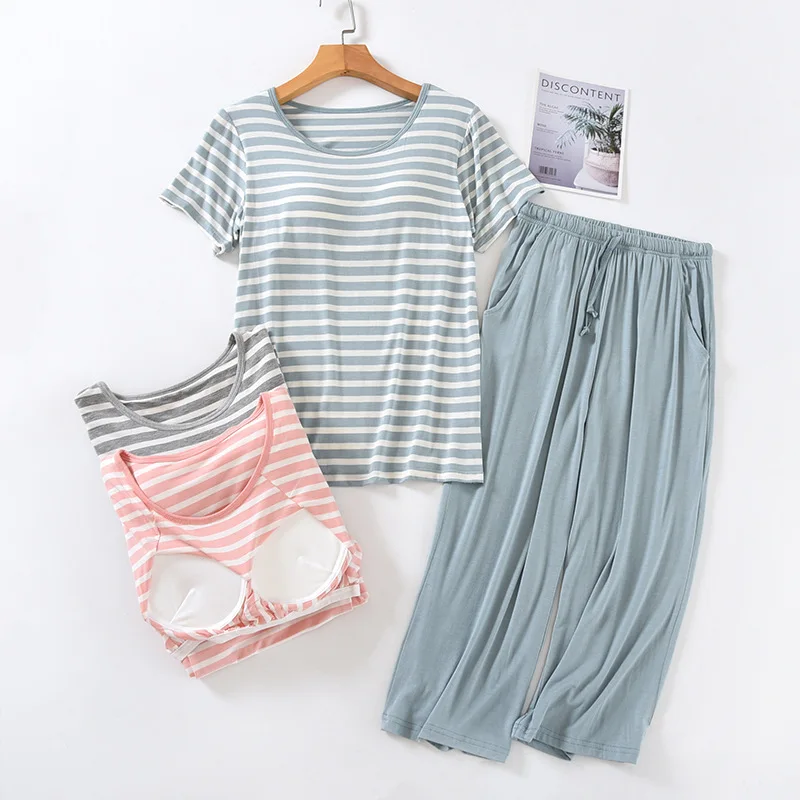 

Ladies Round Neck Sleep Tops with Chest Pad Home Wear Summer Stripes Design Short Sleeve Cropped Trousers Pyjama Pour Femme