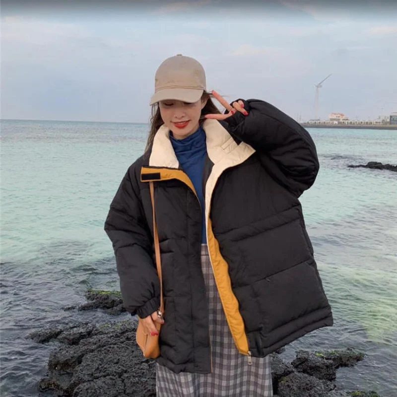 Fashionable Down Cotton Jacket Winter Cotton-padded Jacket Loose Patchwork Color Thick Warm Bread Suit Ladies' Cotton Coat Coat