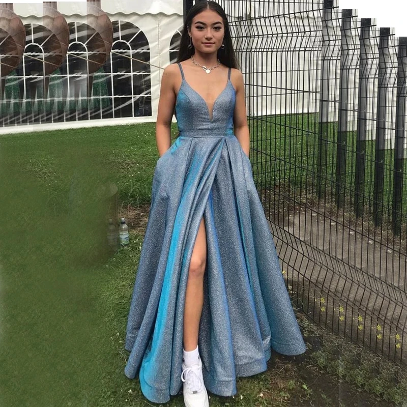 

Glitter Prom Dresses 2023 Long Spaghetti Straps V-Neck Floor Length A Line Slit Evening Birthday Party Gowns for Black Girls