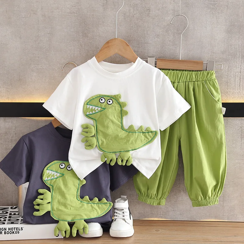 

Детский летний комплект, милые капри для мальчиков и девочек с 3D динозавром и коротким рукавом в стиле Хань, повседневная детская одежда из двух предметов