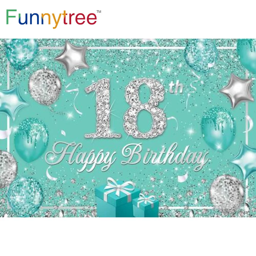 

Funnytree Happy 16 20 18th Birthday Party Backdrop Blue Glitter Sweet Balloons Silver Gift Box Banner Photophone Background