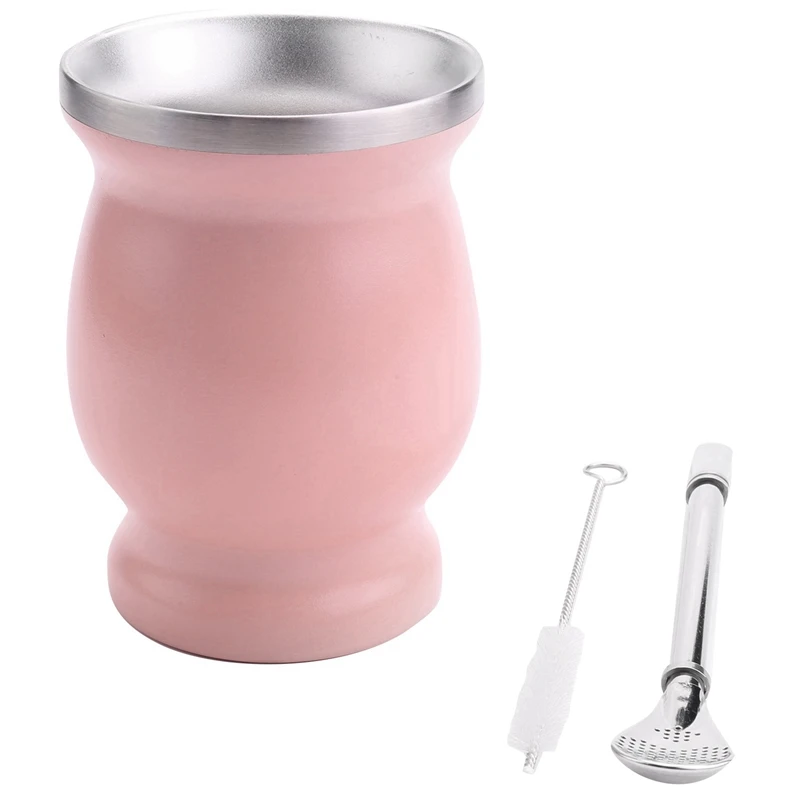 

2X Double-Wall Stainless Yerba Mate Gourd Tea Cup Set Coffee Water Cup With 2 Bombillas Straws Spoon & Clean Brush ,Pink