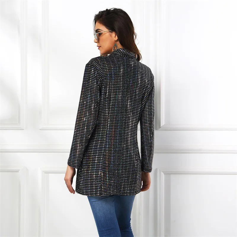 Fashion Sequin Blazer Women Bright Silver Single Button Casual Office Blazer Spring Autumn Work Suit Vintage British Style Slim