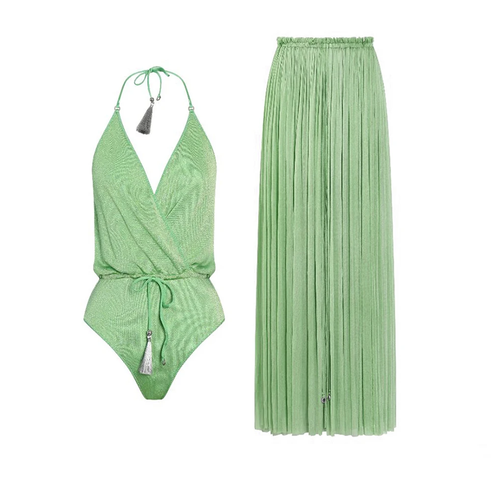 

Женское зеленое бикини на шнуровке с лямкой на шее, лето 2023, сексуальное облегающее пляжное платье с глубоким V-образным вырезом, купальник из двух частей с низкой талией