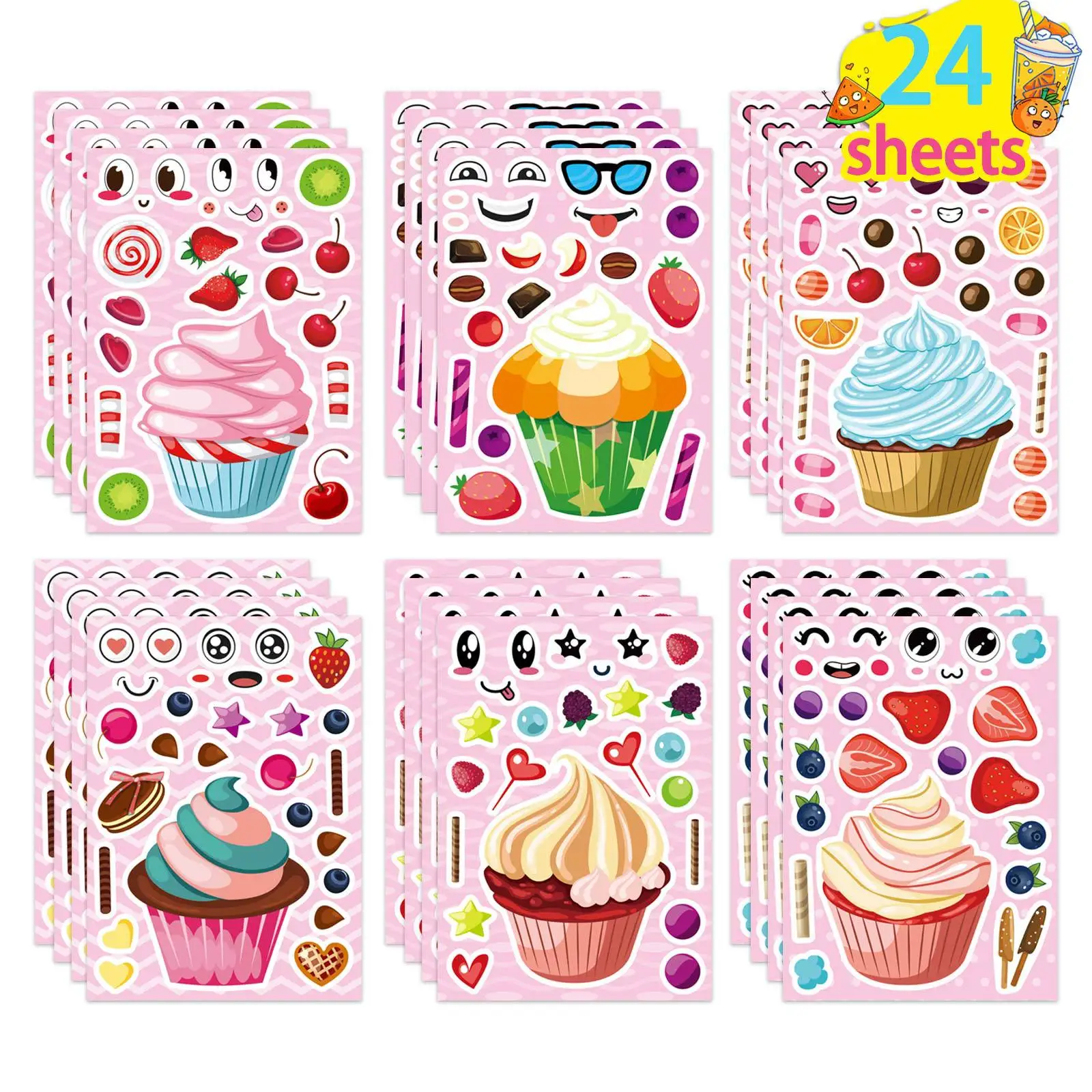

24 Sheets Make cake candy Face Puzzle Stickers Kids Make Your Own DIY Game Children Cartoon Jigsaw Education Toys boys girt Gift