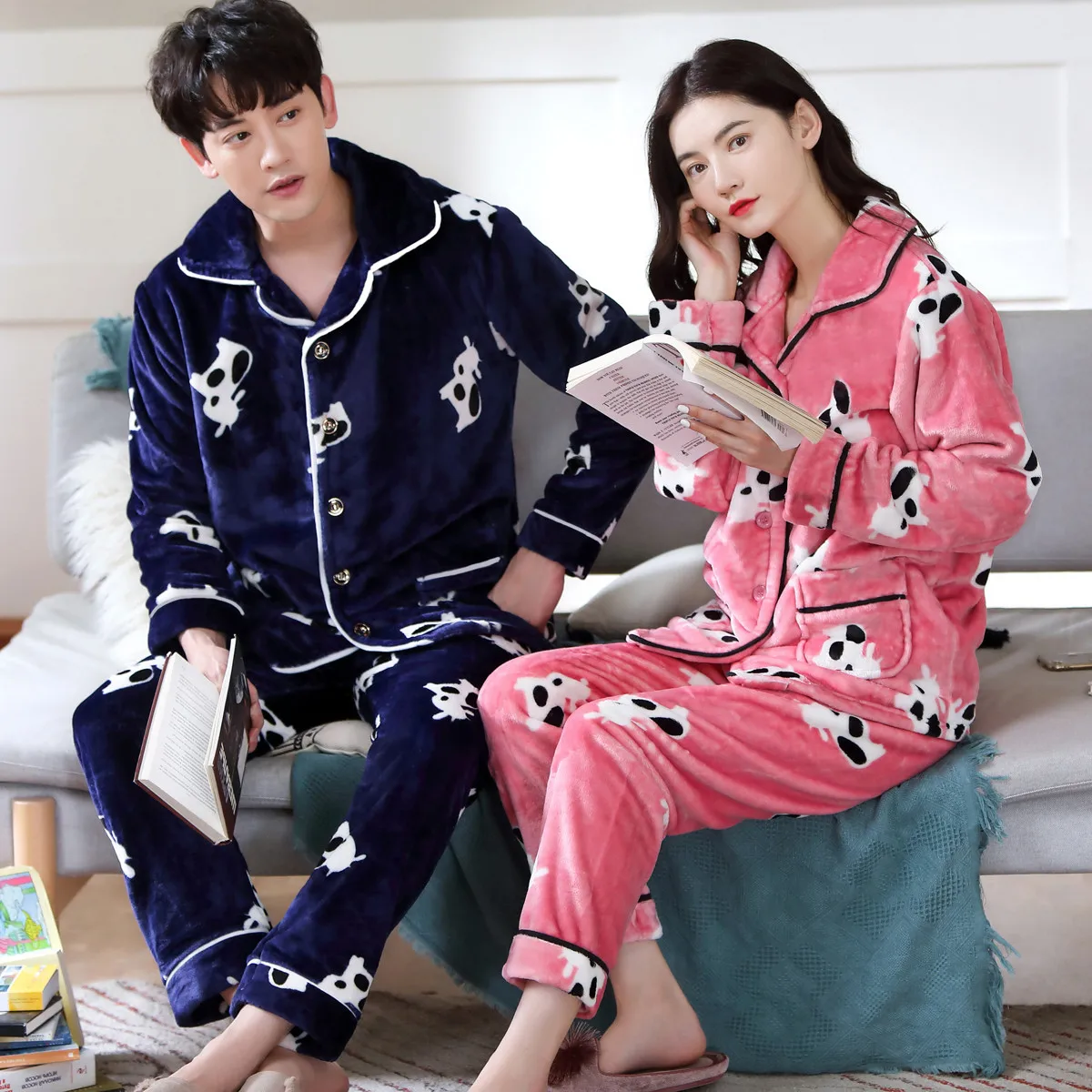 New Couple Pajamas Set Autumn Winter Soft Thicken Flannel White Pajamas Women Men Pyjamas Long Sleeve Sleepwear Lovers Pijama