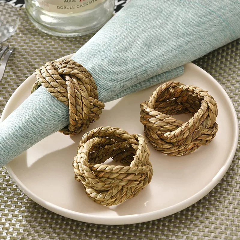 

12 Pcs Hand Woven Natural Rattan Grass Napkin Ring Straw Woven Ring Meal Napkin Button Water Gourd Lotus Ring Straw Woven Ring