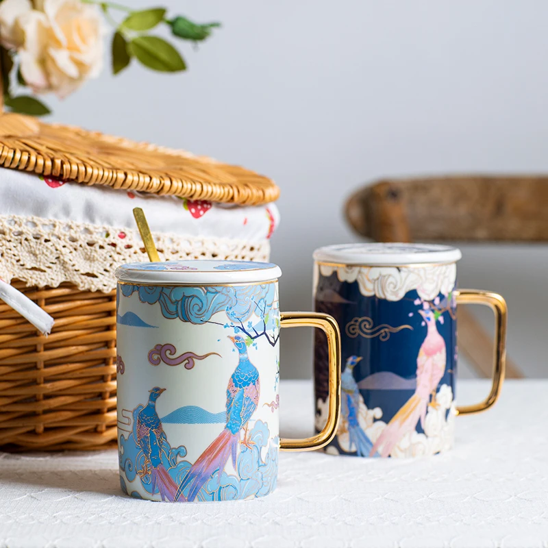 

Ceramic Mug Chinese Style Large Capacity Coffee Cup With Lid Spoon Milk Water Drinking Tea Party Home Drinkware