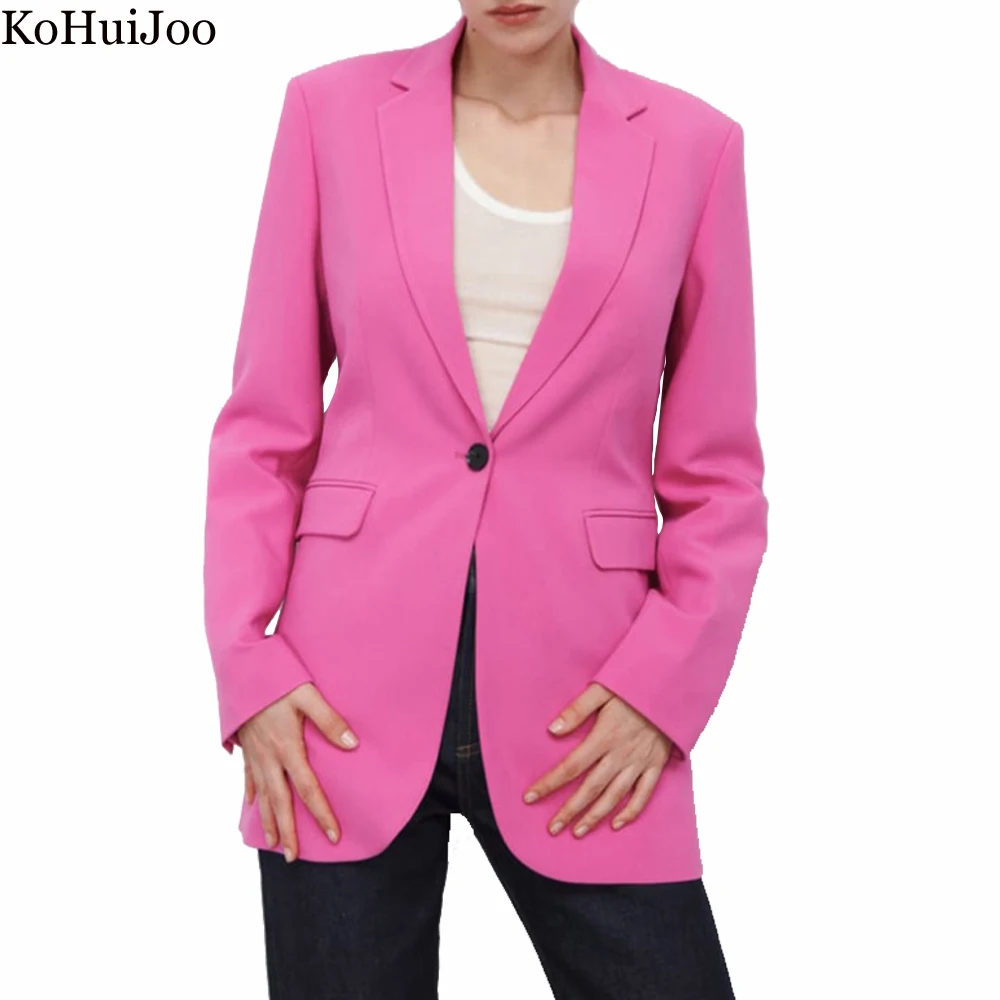 

KoHuiJoo One Button Blazer Women 2022 New Spring Womens Blazer Coat Formal Long Sleeve Thin Loose Casual Outerwear femme Rose