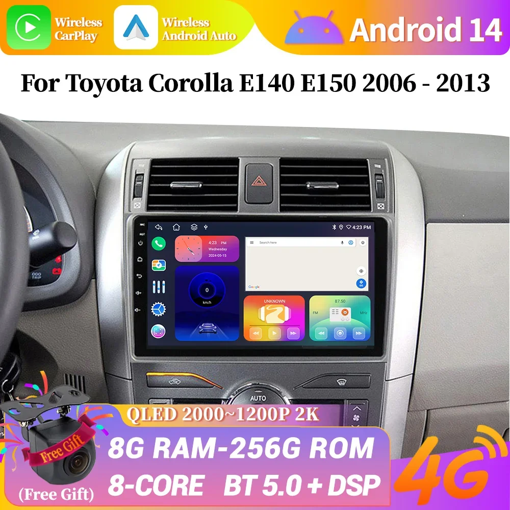 Android 14 для Toyota Corolla E140 E150 2006-2013 Автомобильный радиоприемник с навигацией 4G GPS