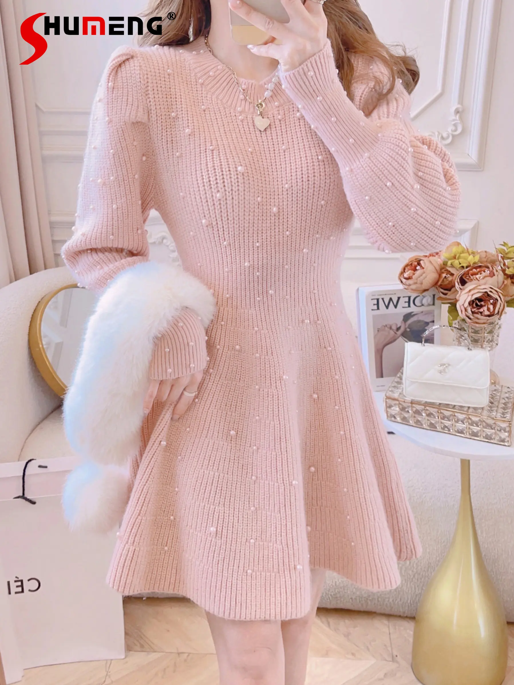 

French Sweet Pink Beaded Puff Sleeve Knitted Dress for Women Autumn Winter Clothes Loose Slimming Bottoming Sweater Dress Female