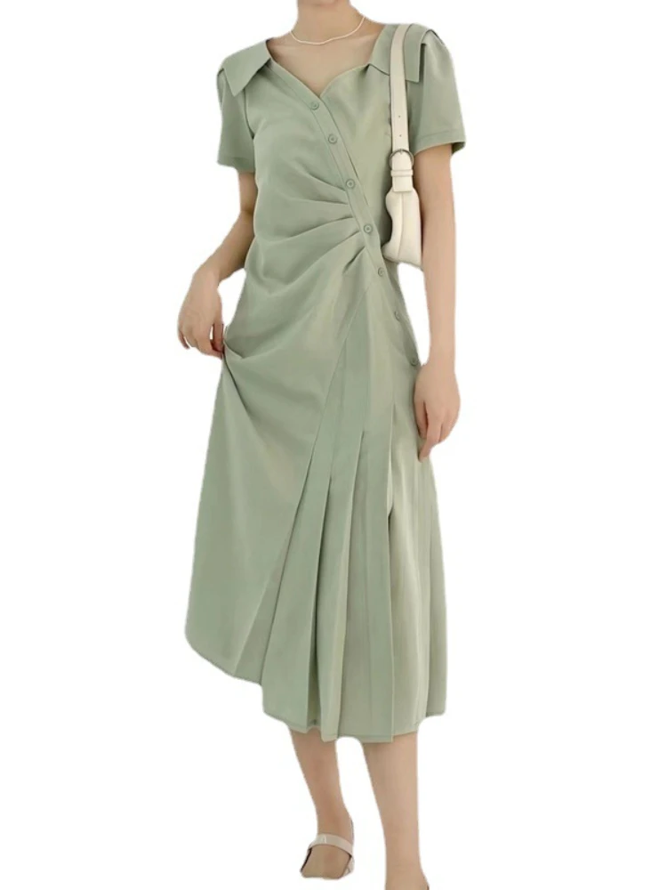 

Spring and Summer New Ladies Dress Fashion Long Pleated Shirt Collar Dress Simple Temperament All-match A-line Skirt Office