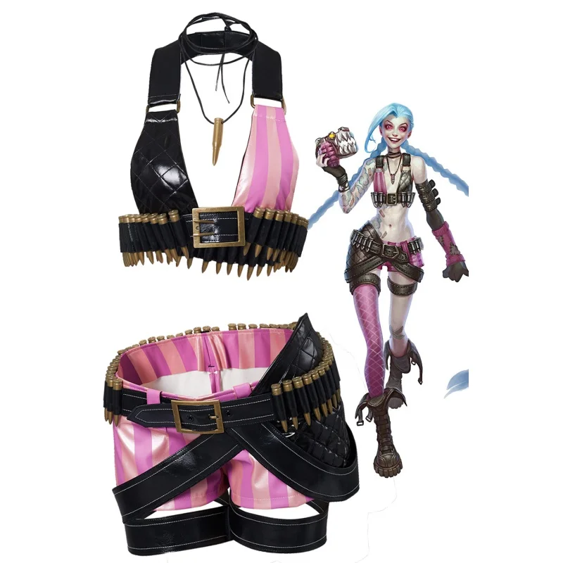 Jinx Cosplay Costume Anime Game LoL Women's Top Stocking Gloves Outfits Halloween Party Clothes For Ladies Role Play Fashion