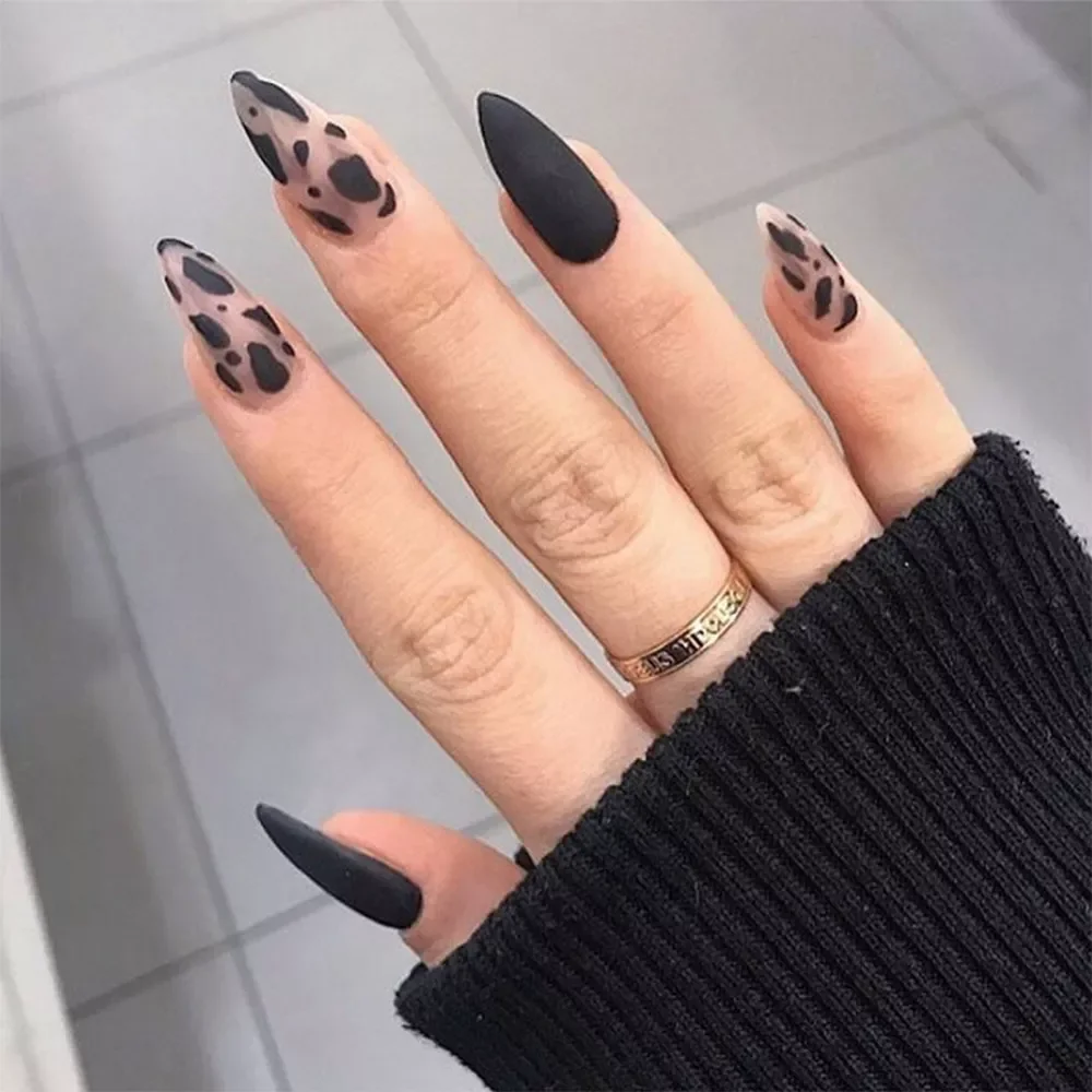 

NEW IN Leopard Theme Full Cover False Nail Tips 2021 New Style Black Brown Transparent Stiletto French Pearl Fake Nails With Glu