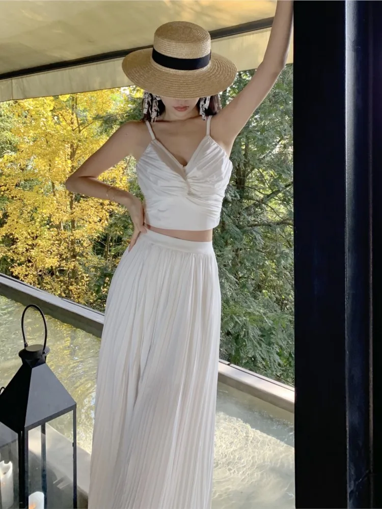 

Новинка лета 2022, Женский комплект из 2 предметов, винтажная Сексуальная Блузка без рукавов + свободные широкие брюки с высокой талией, костюм...