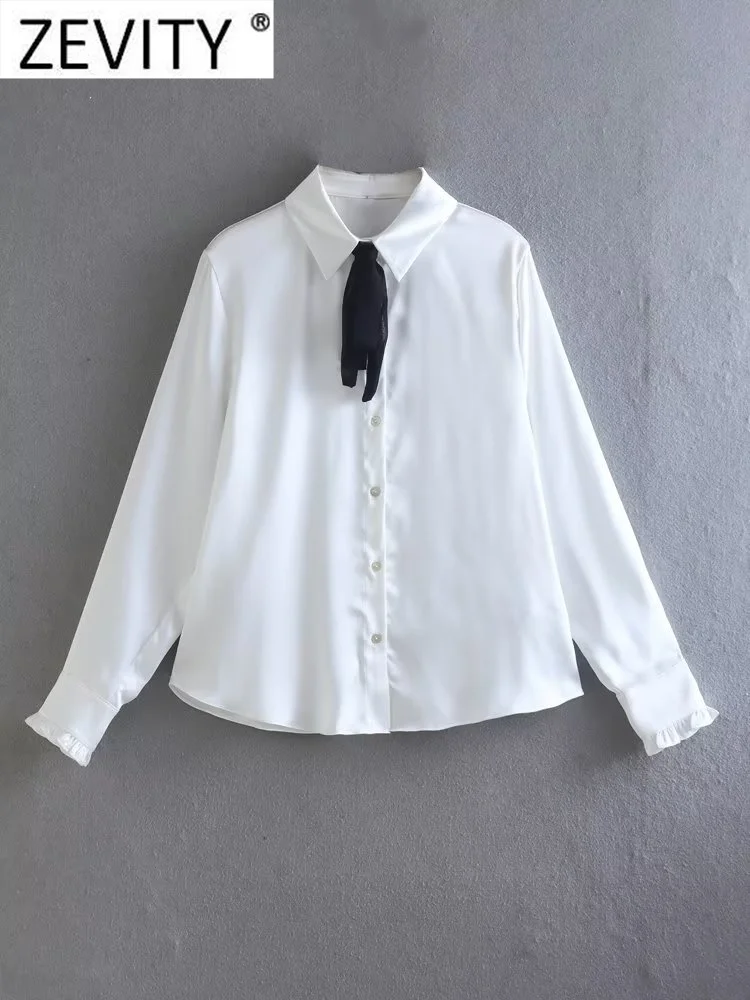 

Zevity Women Fashion Black Bow Decoration White Soft Satin Smock Blouse Office Lady Casual Business Shirt Chic BlusasTops LS2696