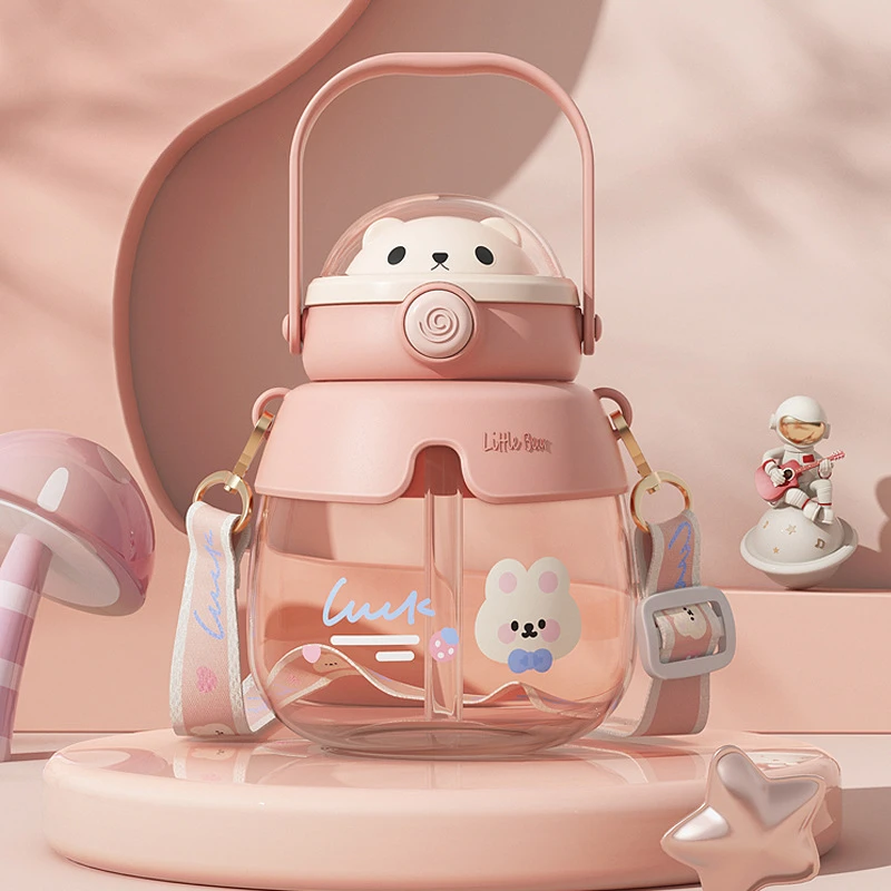 850ml Cute Girls Boys Water Bottle with Stickers Straw Big Belly Cup Sports Bottle for Children Female Kettle with Strap