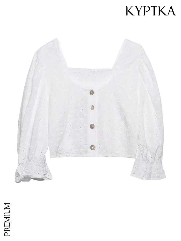

Женская укороченная блузка KYPTKA, белая винтажная эластичная блузка с коротким рукавом, на пуговицах спереди, с вышивкой, 2019