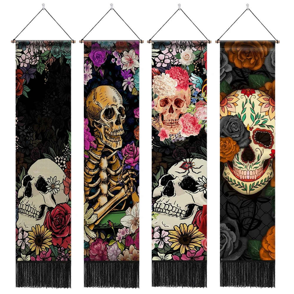 

Skull Floral Tapestry Vertical Tapestry Wall Hanging Flowers Skeleton Tapestries with Tassel for Home Decor 12.8x 51.2 Inches