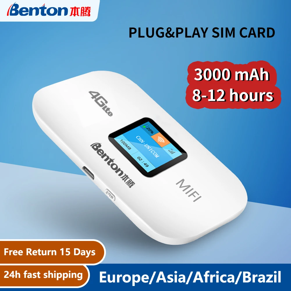 Benton Unlocked 4G Lte Portable Wifi Router Pocket Hotspots Mifi Sim Card Plug & Play VPN 150Mbps High Speed 3000mAh Battery