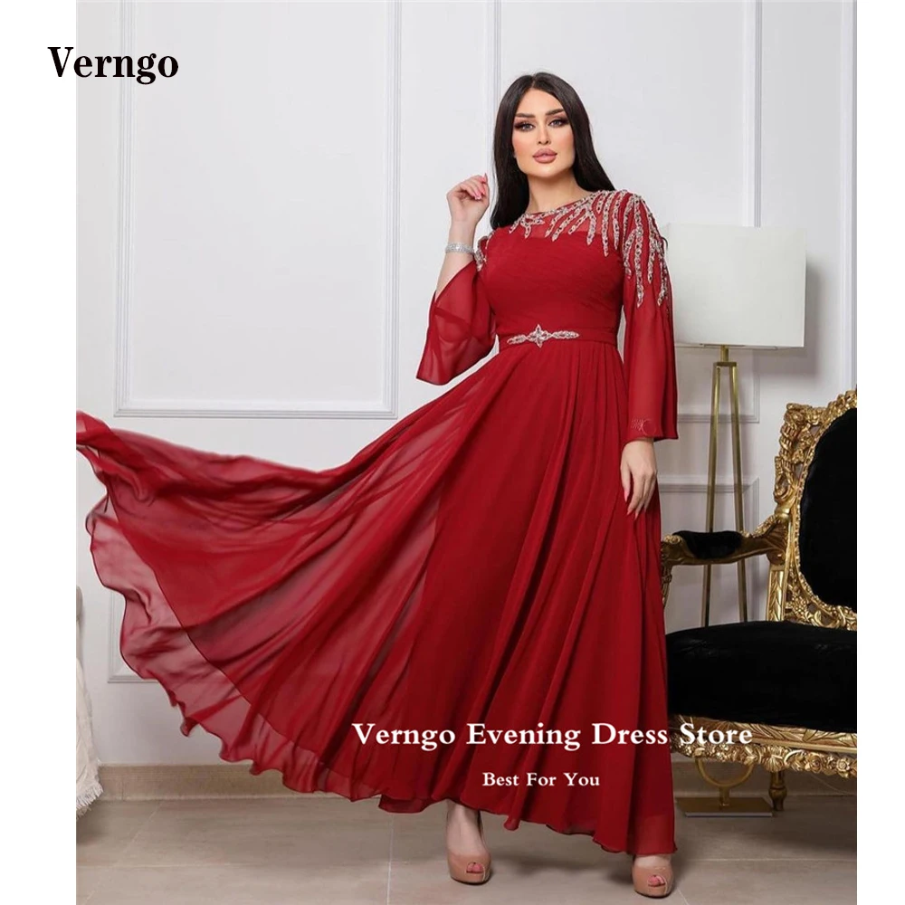 

Verngo Moroccan Kaftan Red Chiffon Evening Dresses Crystal Long Sleeves Dubai Arabic Women Formal Party Dress Abendkleider