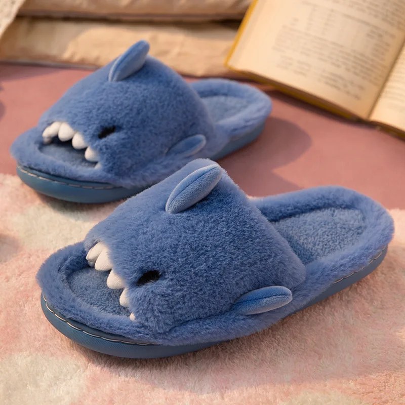 

Tilted Head Shark Slides Women's Fleece Like Clappers Shoes For Home Fur Mules Woman Open Toe Fuzzy Slippers Unisex Winter Shoes