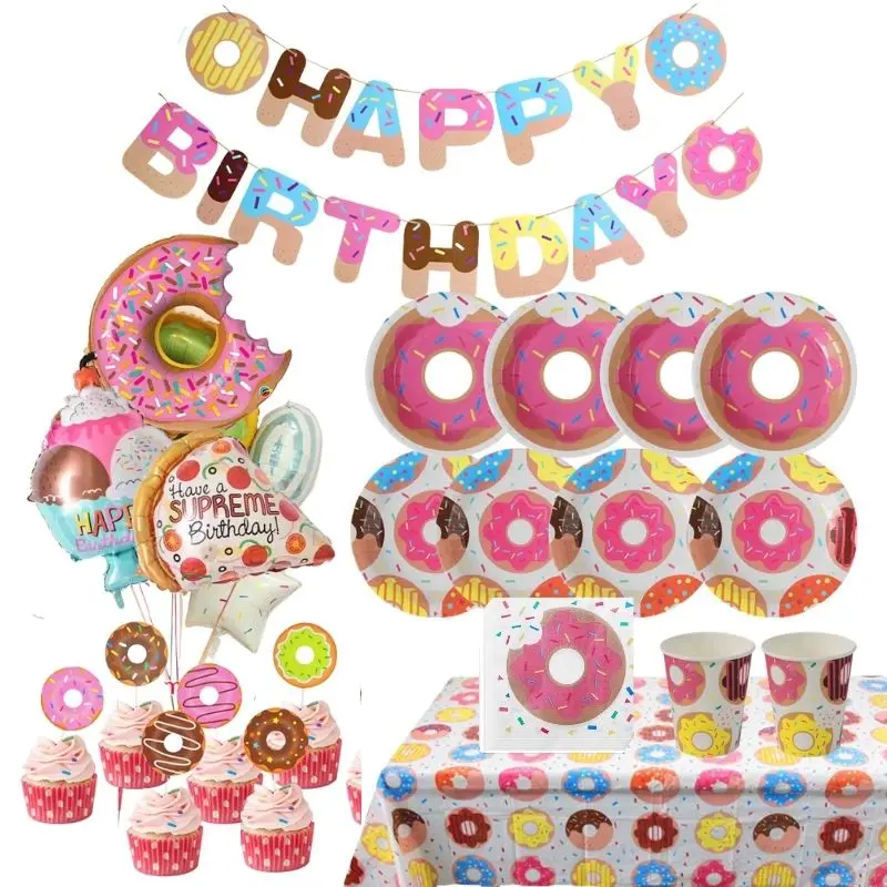 

Joy-enlife Donut Theme Party Decoration Disposable Tableware Doughnut Plate Cup Girls Birthday Decor Baby Shower Donut Globes